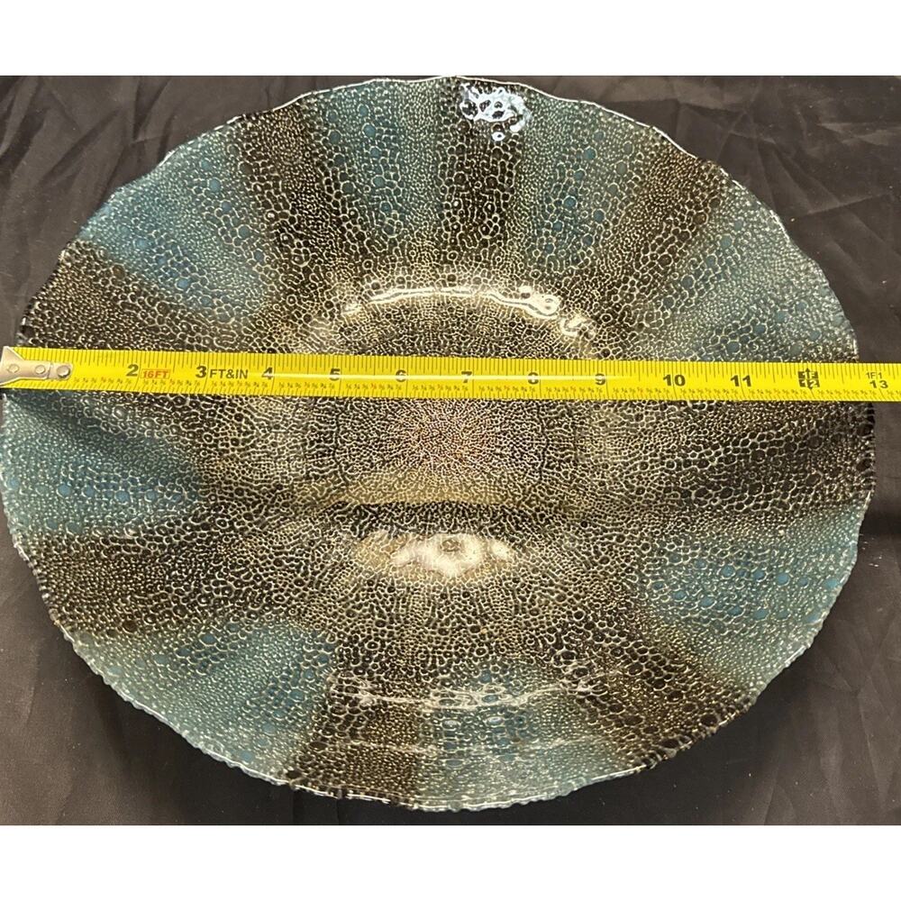 Artistic Accents Fused Glass Console Bowl 13” Scalloped Edge Teal Gold Turkey - Picture 4 of 8